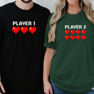 Player 1 and Player 2 Heart Matching T-Shirts For Couples